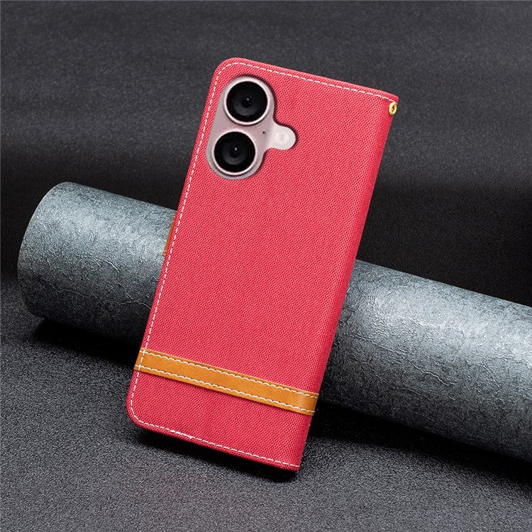 For iPhone 16 Plus Cell Phone Case Jeans Cloth Texture Leather Wallet Protective Cover - Red