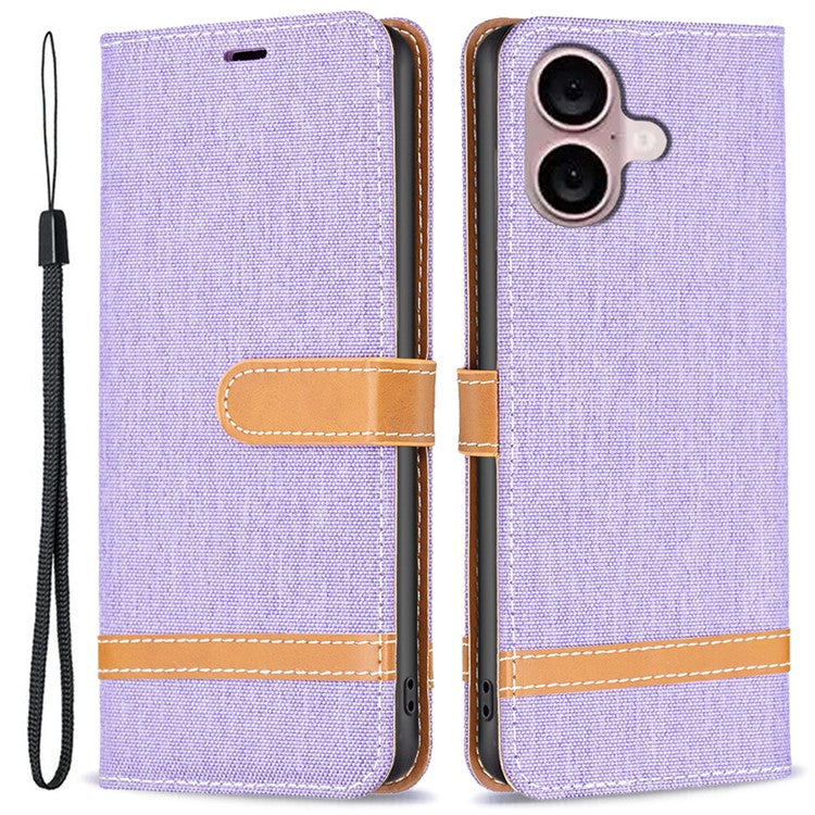 For iPhone 16 Plus Cell Phone Case Jeans Cloth Texture Leather Wallet Protective Cover - Purple