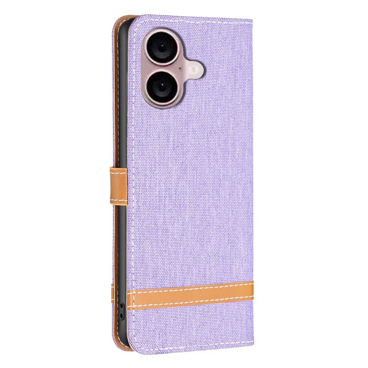 For iPhone 16 Plus Cell Phone Case Jeans Cloth Texture Leather Wallet Protective Cover - Purple