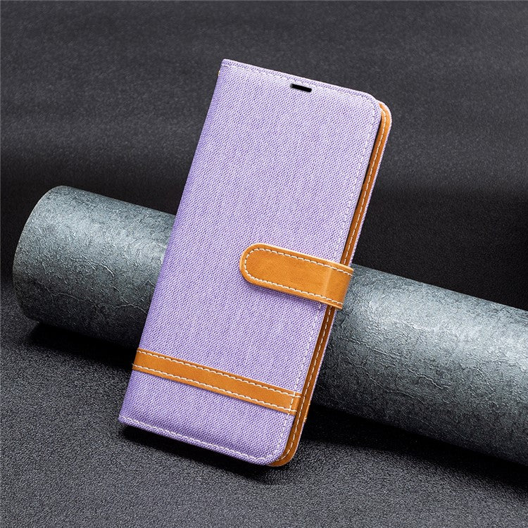 For iPhone 16 Plus Cell Phone Case Jeans Cloth Texture Leather Wallet Protective Cover - Purple