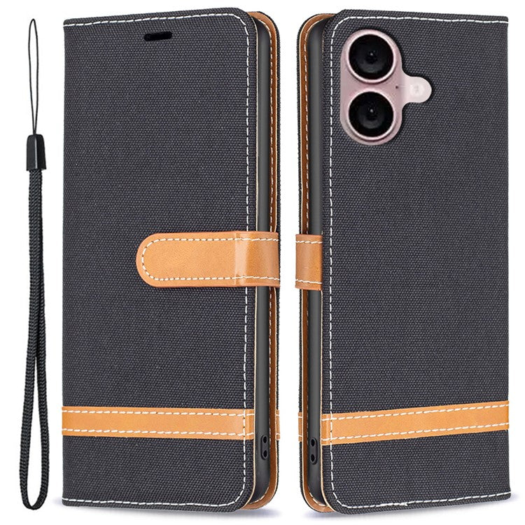 For iPhone 16 Leather Wallet Case Jeans Cloth Texture Protective Cover - Black