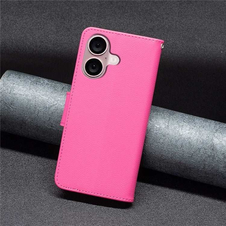 For iPhone 16 Case Drop Proof Wallet Litchi Texture Leather Phone Cover - Rose