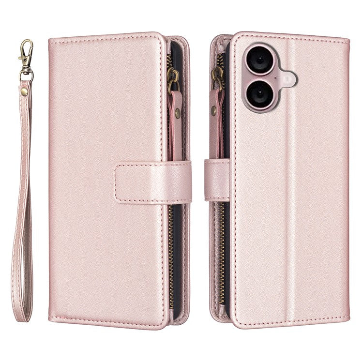 BF Style-19 for iPhone 16 Plus Zipper PU Leather Phone Case Flip Wallet Phone Stand Cover - Rose Gold