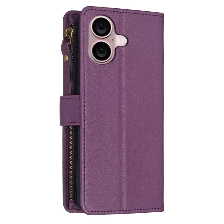 BF Style-19 for iPhone 16 Zipper Leather Case Anti-scratch Flip Wallet Phone Cover - Dark Purple
