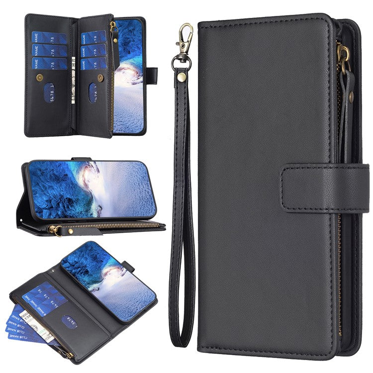 BF Style-19 for iPhone 16 Zipper Leather Case Anti-scratch Flip Wallet Phone Cover - Black