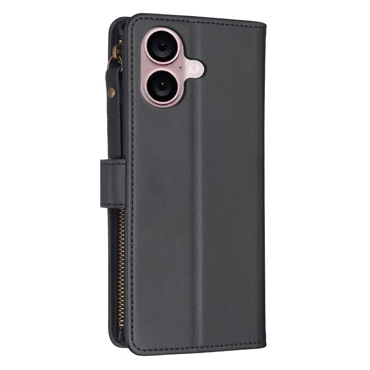 BF Style-19 for iPhone 16 Zipper Leather Case Anti-scratch Flip Wallet Phone Cover - Black
