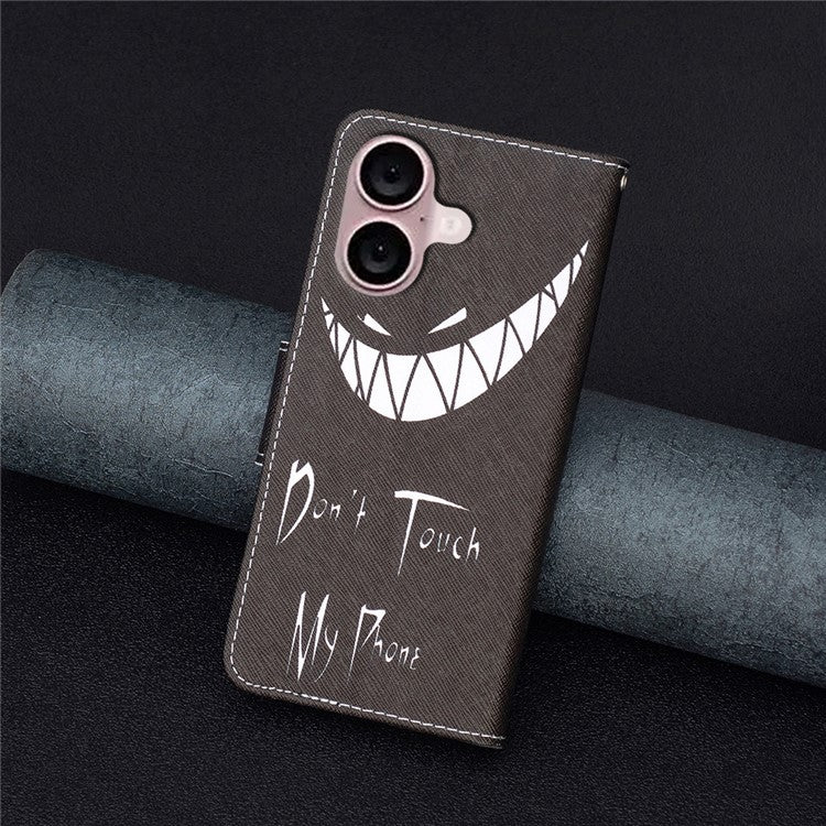 For iPhone 16 Plus Leather Case Pattern Printing Wallet Stand Anti-fall Phone Cover - Don't Touch My Phone