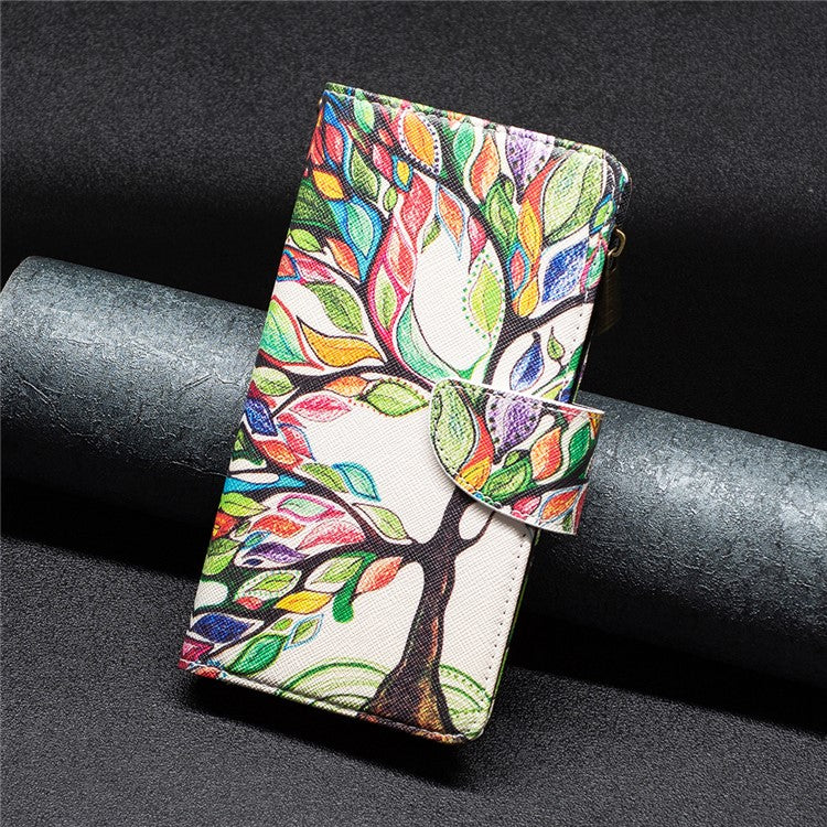 BF03 For iPhone 16 Case Pattern Printing Zipper Leather Phone Stand Cover - Life Tree