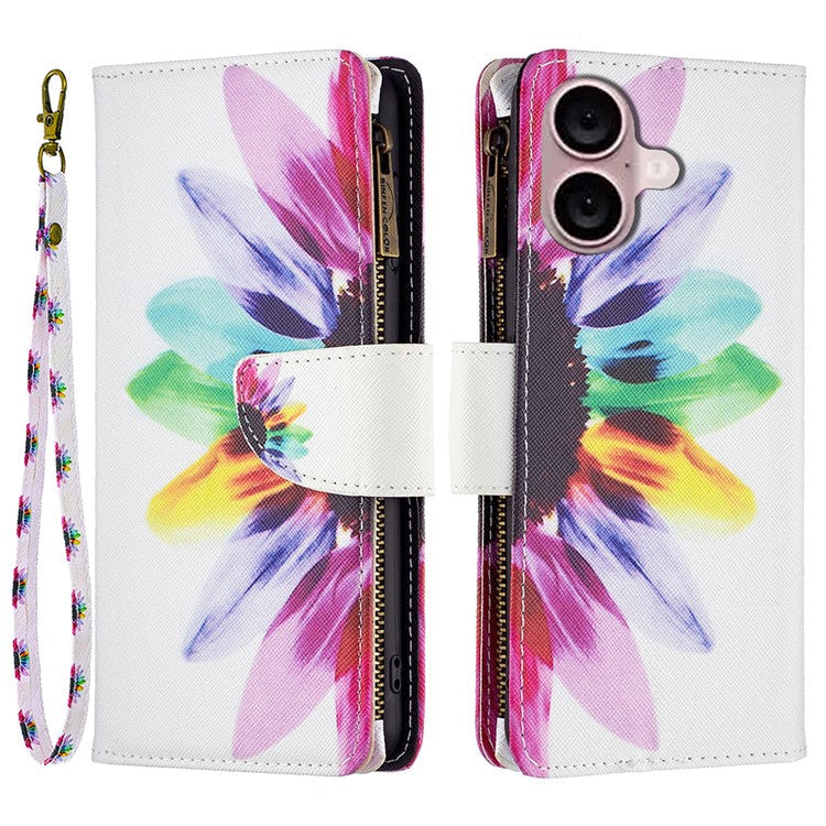 BF03 For iPhone 16 Case Pattern Printing Zipper Leather Phone Stand Cover - Sunflower