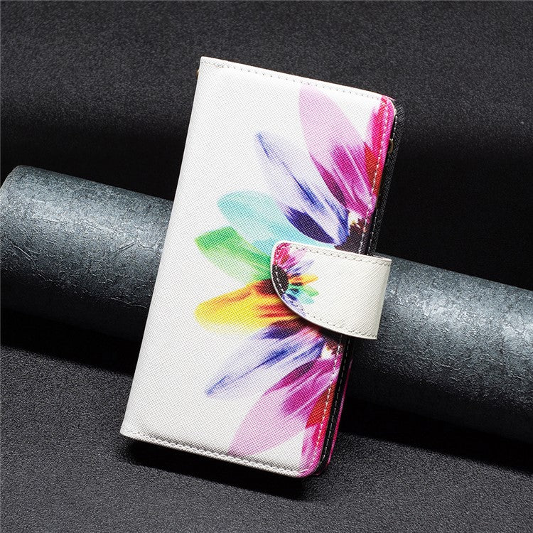 BF03 For iPhone 16 Case Pattern Printing Zipper Leather Phone Stand Cover - Sunflower