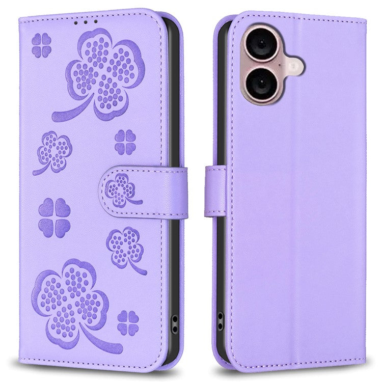 For iPhone 16 Plus Case Wallet Leather Phone Cover Lucky Clover Imprinting - Purple