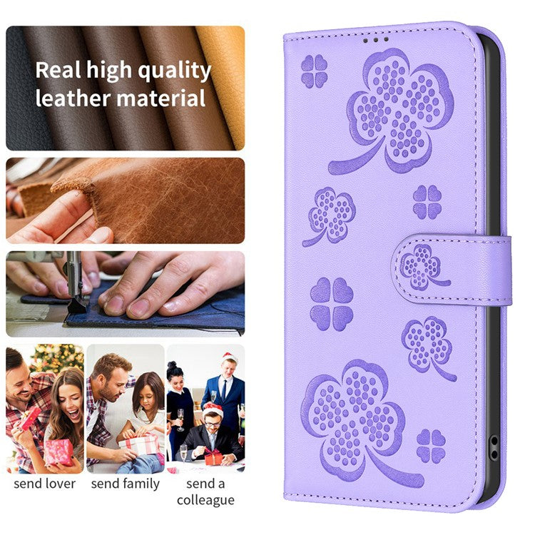 For iPhone 16 Plus Case Wallet Leather Phone Cover Lucky Clover Imprinting - Purple