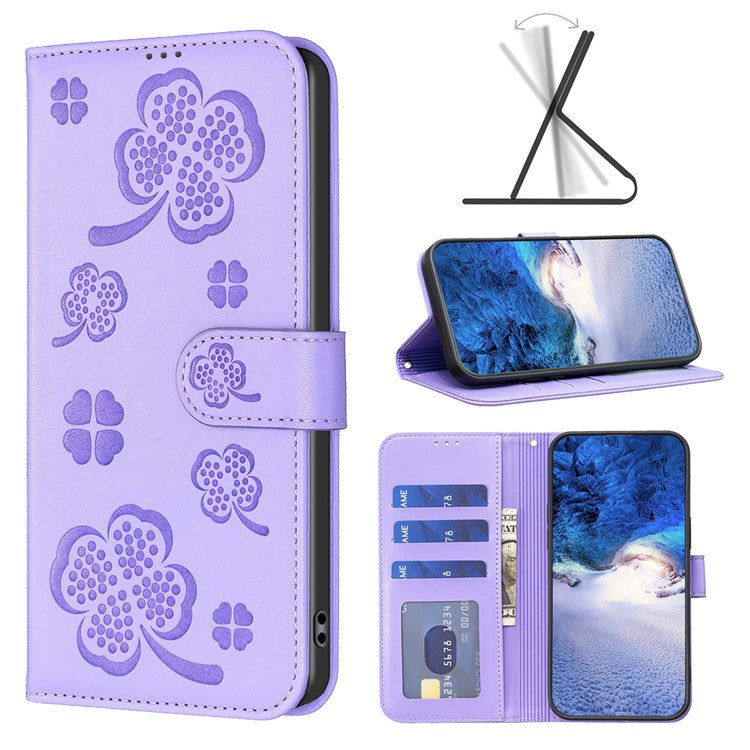 For iPhone 16 Plus Case Wallet Leather Phone Cover Lucky Clover Imprinting - Purple