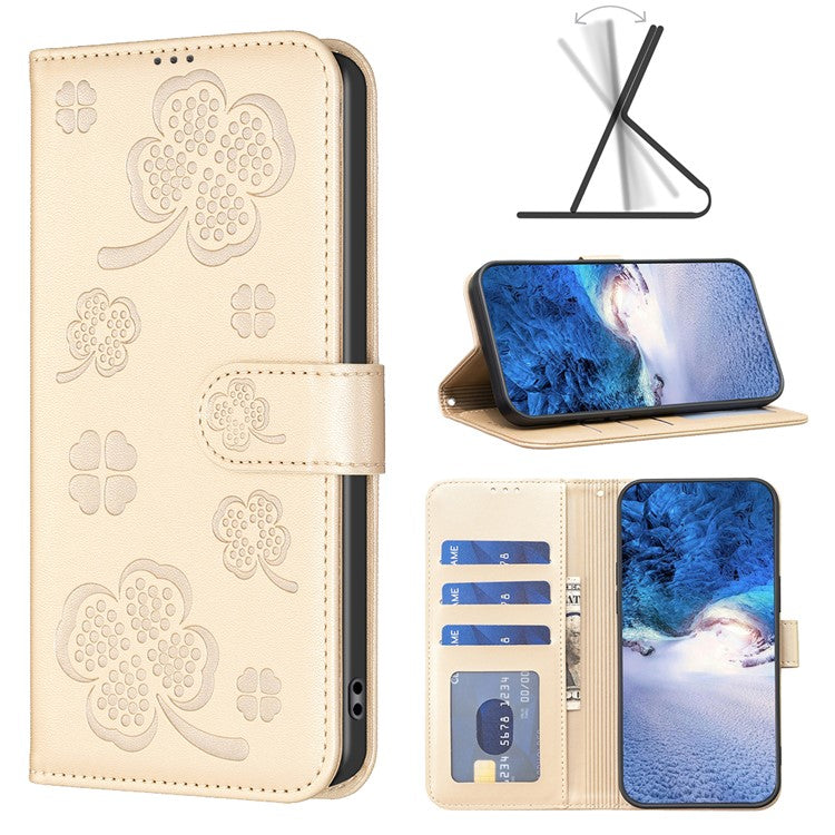 For iPhone 16 Plus Case Wallet Leather Phone Cover Lucky Clover Imprinting - Gold