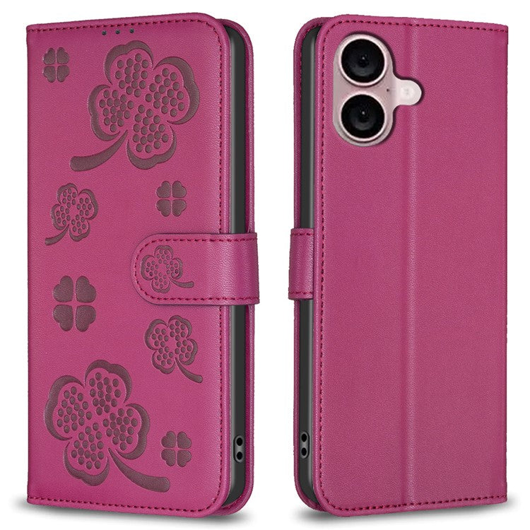 For iPhone 16 Case Lucky Clover Imprinting Wallet PU Leather Phone Cover - Rose
