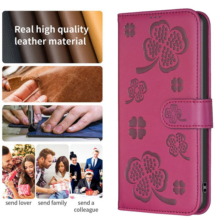 For iPhone 16 Case Lucky Clover Imprinting Wallet PU Leather Phone Cover - Rose