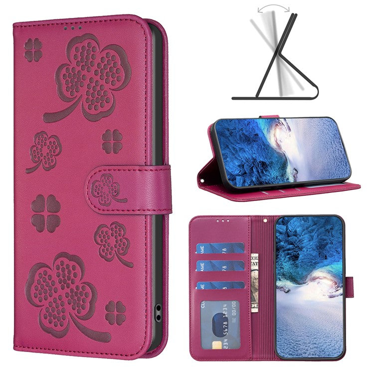 For iPhone 16 Case Lucky Clover Imprinting Wallet PU Leather Phone Cover - Rose