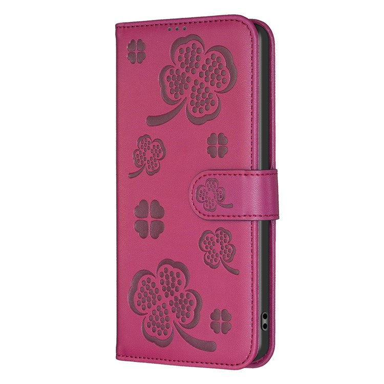 For iPhone 16 Case Lucky Clover Imprinting Wallet PU Leather Phone Cover - Rose