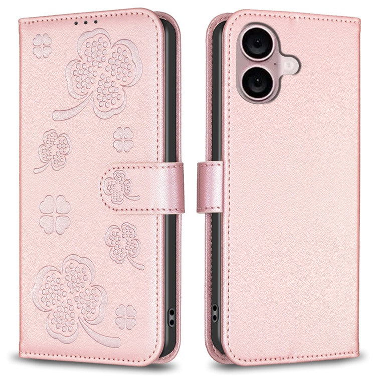 For iPhone 16 Case Lucky Clover Imprinting Wallet PU Leather Phone Cover - Pink