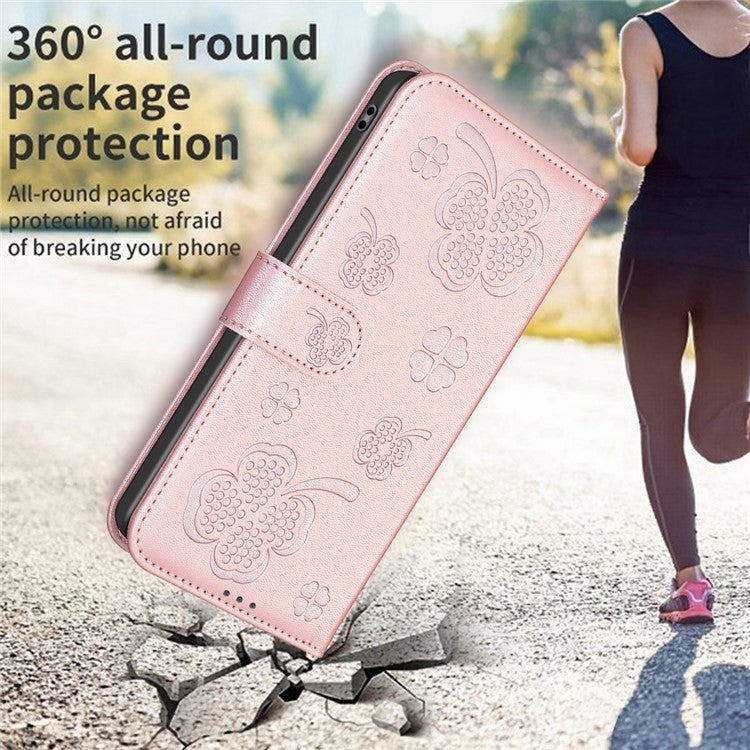 For iPhone 16 Case Lucky Clover Imprinting Wallet PU Leather Phone Cover - Pink