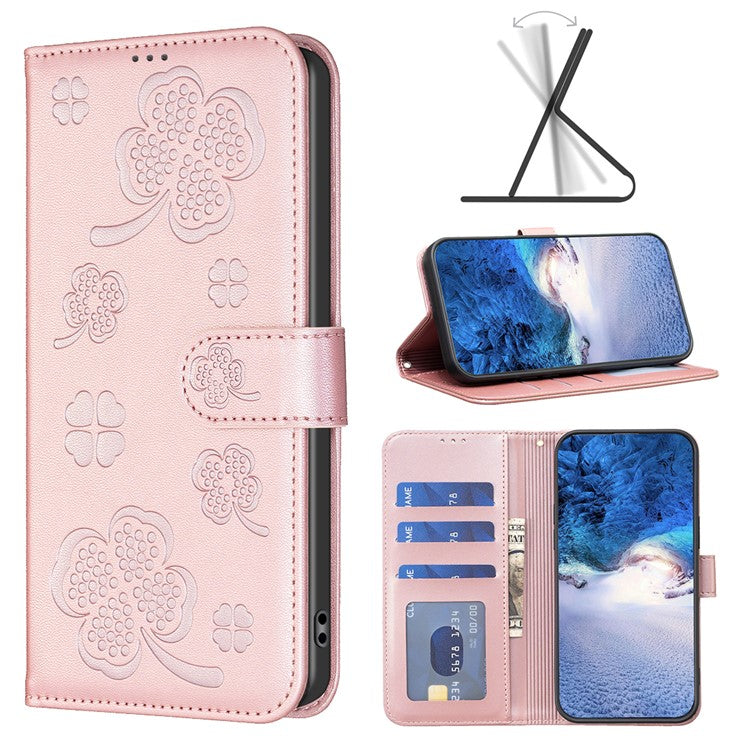 For iPhone 16 Case Lucky Clover Imprinting Wallet PU Leather Phone Cover - Pink