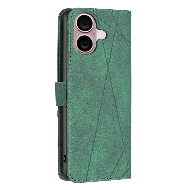 BINFEN COLOR BF05 For iPhone 16 PU Leather Case Imprinted Geometric Cell Phone Stand Cover - Green