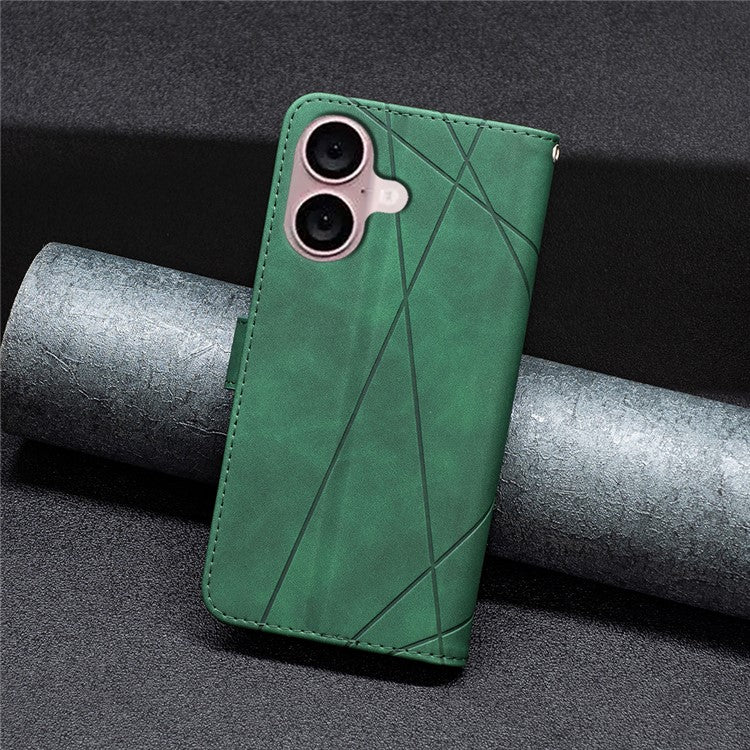 BINFEN COLOR BF05 For iPhone 16 PU Leather Case Imprinted Geometric Cell Phone Stand Cover - Green