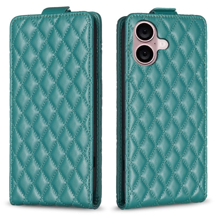BF30 For iPhone 16 Vertical Flip Phone Case Rhombus Grid PU Leather Cell Phone Stand Cover - Green