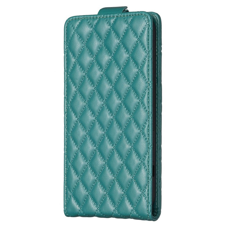 BF30 For iPhone 16 Vertical Flip Phone Case Rhombus Grid PU Leather Cell Phone Stand Cover - Green