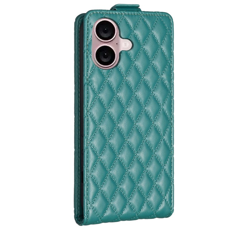 BF30 For iPhone 16 Vertical Flip Phone Case Rhombus Grid PU Leather Cell Phone Stand Cover - Green