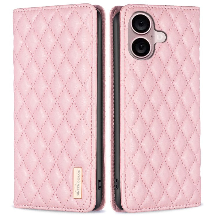 BINFEN COLOR BF Style-16 For iPhone 16 Plus Phone Stand Case Leather Phone Cover with Imprinted Rhombus Grid - Pink