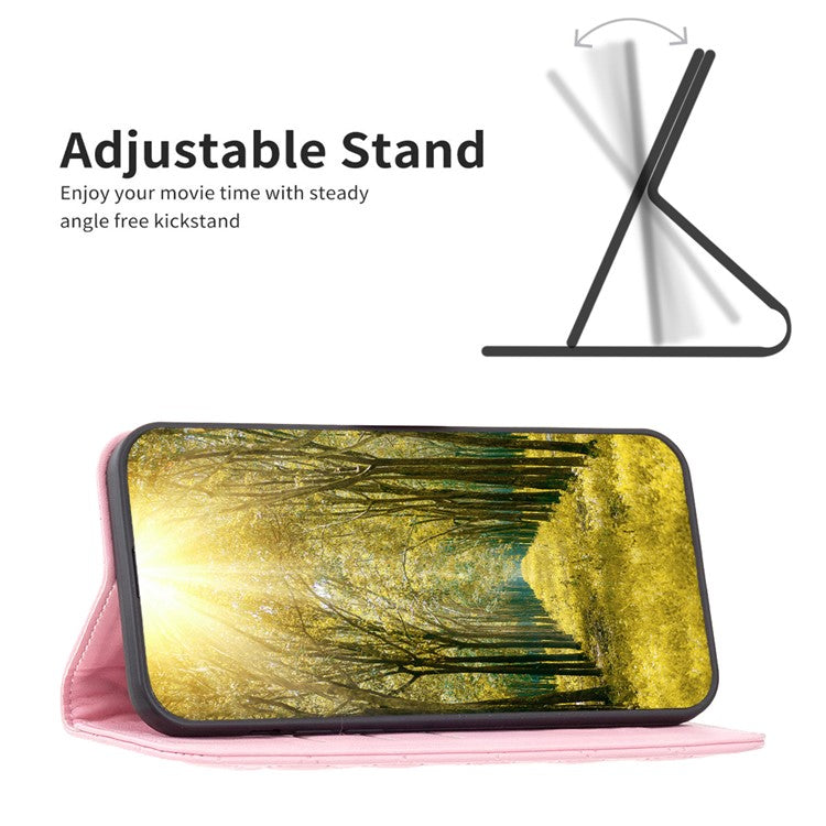 BINFEN COLOR BF Style-16 For iPhone 16 Plus Phone Stand Case Leather Phone Cover with Imprinted Rhombus Grid - Pink