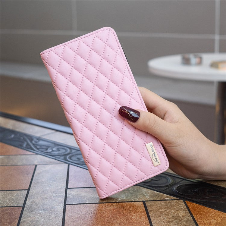 BINFEN COLOR BF Style-16 For iPhone 16 Plus Phone Stand Case Leather Phone Cover with Imprinted Rhombus Grid - Pink