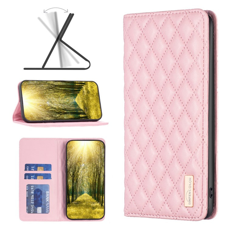 BINFEN COLOR BF Style-16 For iPhone 16 Plus Phone Stand Case Leather Phone Cover with Imprinted Rhombus Grid - Pink