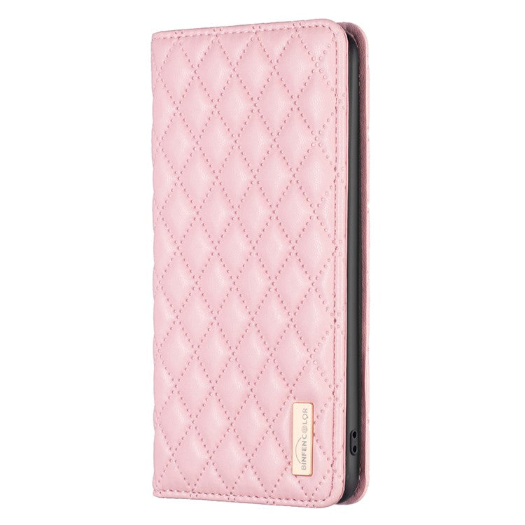 BINFEN COLOR BF Style-16 For iPhone 16 Plus Phone Stand Case Leather Phone Cover with Imprinted Rhombus Grid - Pink