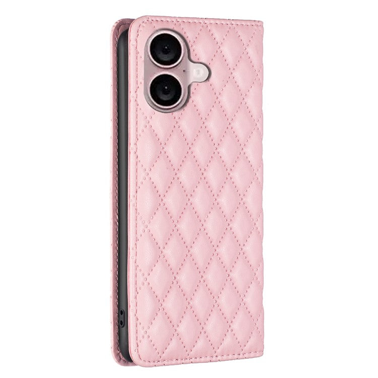 BINFEN COLOR BF Style-16 For iPhone 16 Plus Phone Stand Case Leather Phone Cover with Imprinted Rhombus Grid - Pink