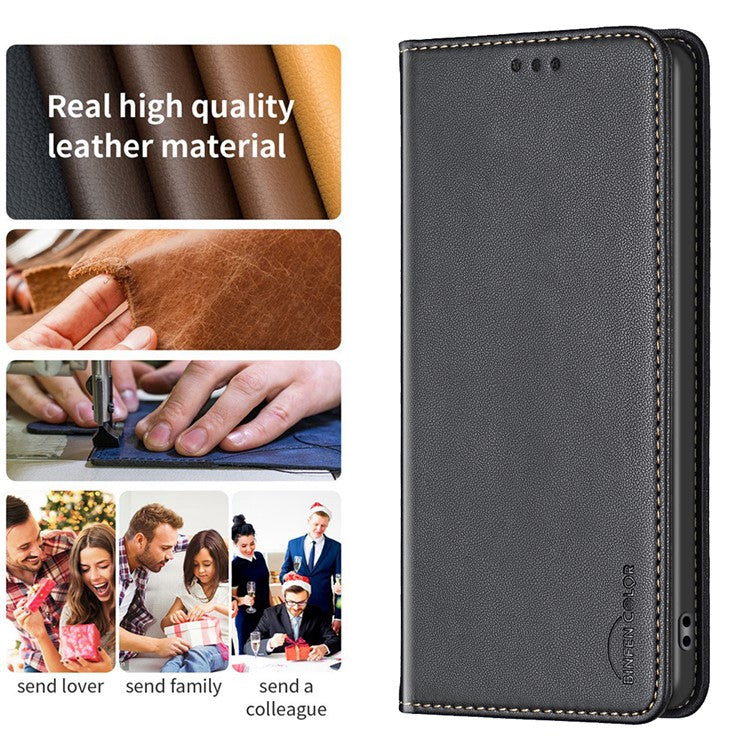 BINFEN COLOR BF18 For Samsung Galaxy S24 FE Case PU Leather Card Holder Phone Cover - Black