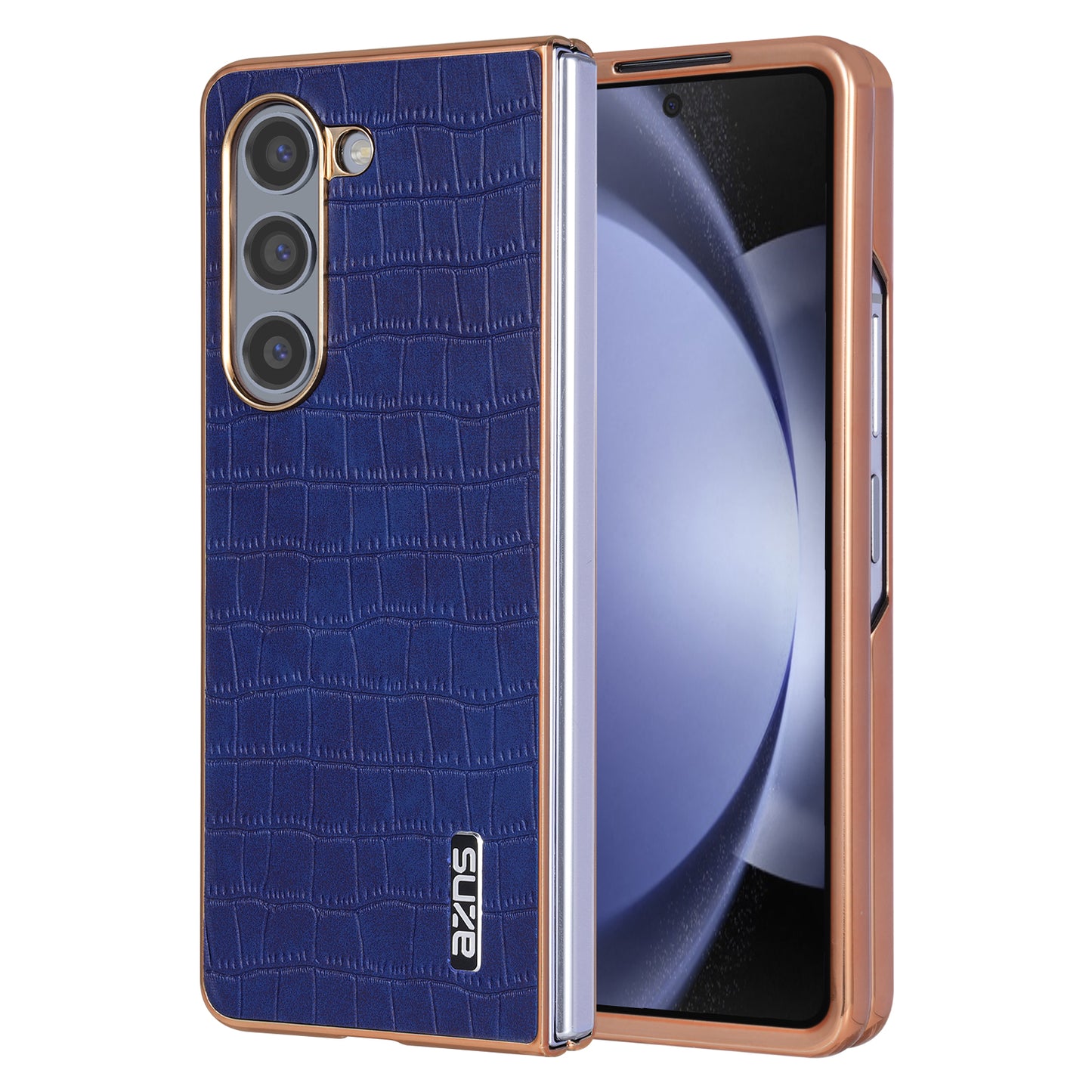 AZNS For Samsung Galaxy Z Fold6 5G Case Crocodile Texture PU Leather+PC Phone Cover - Blue
