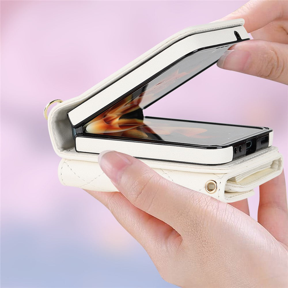 ZD 03 for Samsung Galaxy Z Flip7 FE 5G / Z Flip6 5G Case Bag Design PU Leather Crossbody Phone Cover RFID Blocking - White