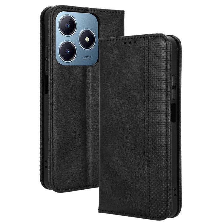 For Realme C63 4G / C61 4G / Narzo N63 4G Case PU Leather Retro Magnetic Shockproof Phone Cover - Black