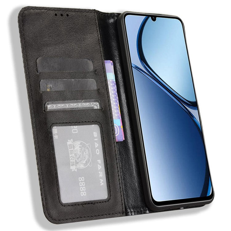 For Realme C63 4G / C61 4G / Narzo N63 4G Case PU Leather Retro Magnetic Shockproof Phone Cover - Black