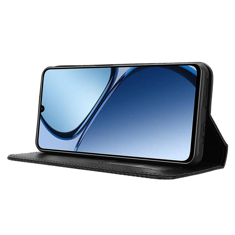 For Realme C63 4G / C61 4G / Narzo N63 4G Case PU Leather Retro Magnetic Shockproof Phone Cover - Black