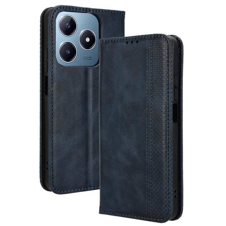 For Realme C63 4G / C61 4G / Narzo N63 4G Case PU Leather Retro Magnetic Shockproof Phone Cover - Blue