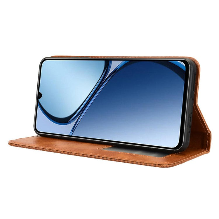 For Realme C63 4G / C61 4G / Narzo N63 4G Case PU Leather Retro Magnetic Shockproof Phone Cover - Brown