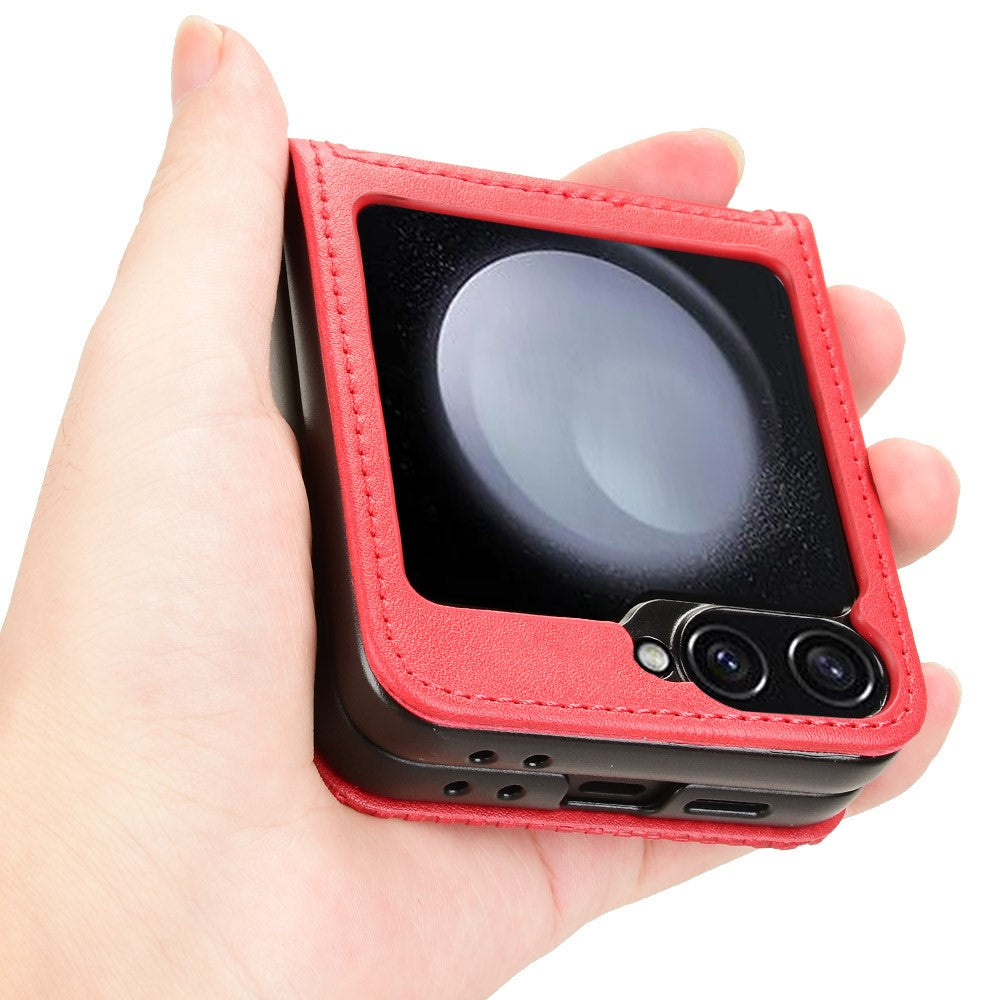 For Samsung Galaxy Z Flip7 FE 5G / Z Flip6 5G Cover Retro Texture One-Piece Design PU Leather+PC Phone Case Shell with Card Slot - Red