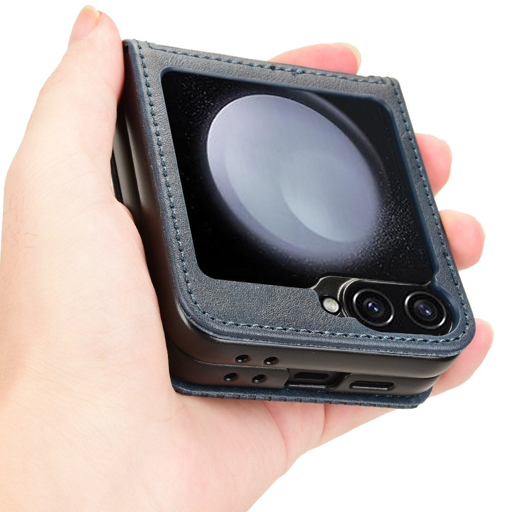 For Samsung Galaxy Z Flip7 FE 5G / Z Flip6 5G Cover Retro Texture One-Piece Design PU Leather+PC Phone Case Shell with Card Slot - Blue