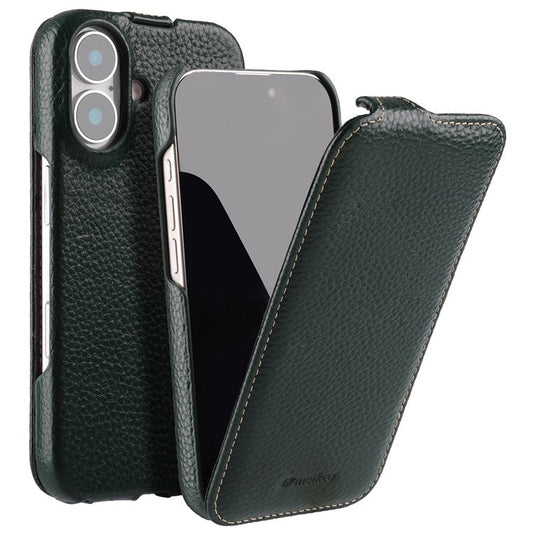 MELKCO For iPhone 16 Plus Magnetic Case Vertical Flip Genuine Cow Leather+PC Shockproof Cover - Green