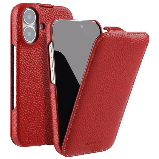 MELKCO For iPhone 16 Plus Magnetic Case Vertical Flip Genuine Cow Leather+PC Shockproof Cover - Red
