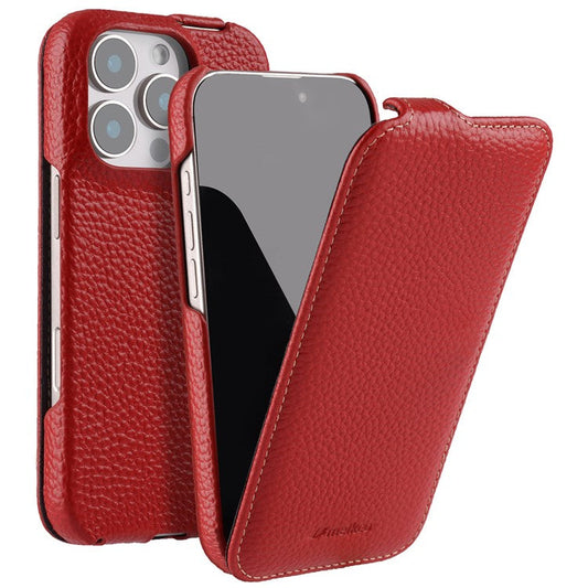 MELKCO For iPhone 16 Pro Magnetic Case Vertical Flip Genuine Cow Leather+PC Shockproof Cover - Red