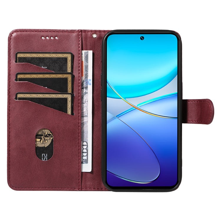 For vivo V40 SE 5G / Y100 5G (Indonesia) / Y200e 5G / V30 Lite 5G (India) Case T-Shaped Lines PU Leather Wallet Phone Cover - Wine Red